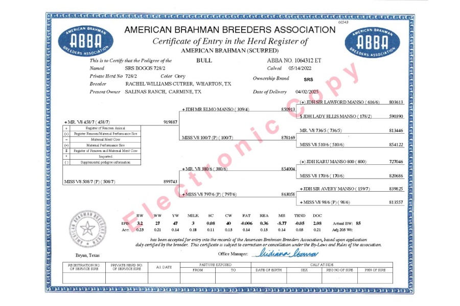 LOT 18 - SRS BOGGS 728/2  - THREE (3) SEMEN STRAWS