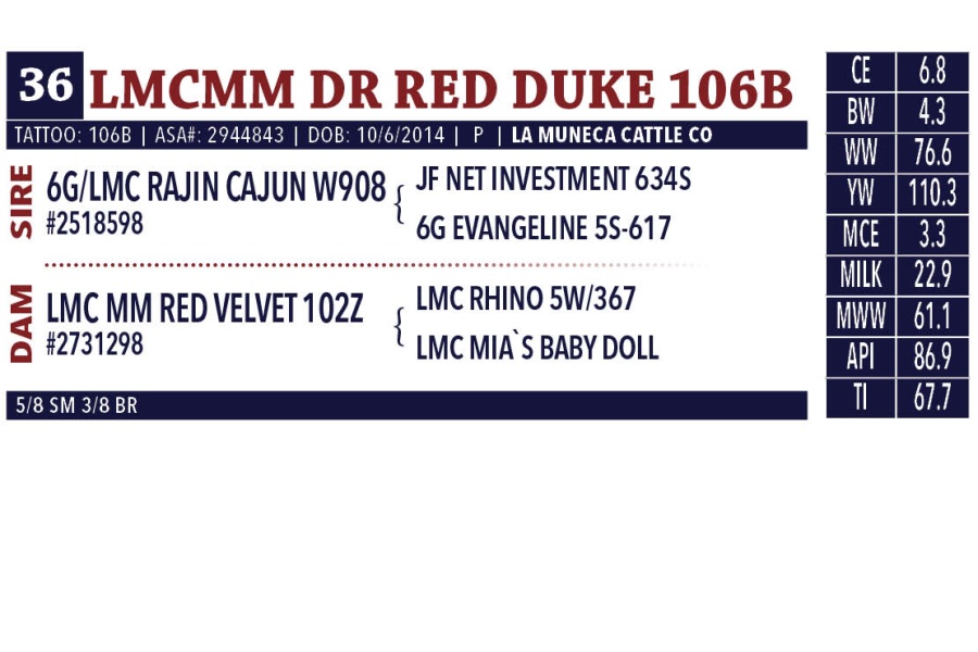 LOT 36 - LA MUNECA SEMEN PACKAGE  - FIVE (5) BULLS; TWO STRAWS EACH; TOTAL TEN (10) STRAWS